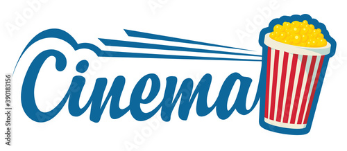 Cinema logo with a full popcorn bucket and inscription on a light background. Vector illustration or icon, suitable for flyer, ticket, invitation, banner, poster, web page, label, design elements