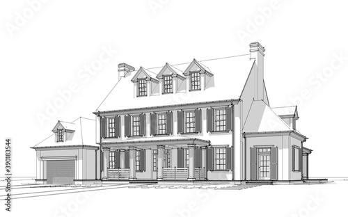 Fototapeta Naklejka Na Ścianę i Meble -  3d rendering of modern cozy classic house in colonial style with garage and pool for sale or rent with beautiful landscaping on background Black line sketch with soft light shadows on white background
