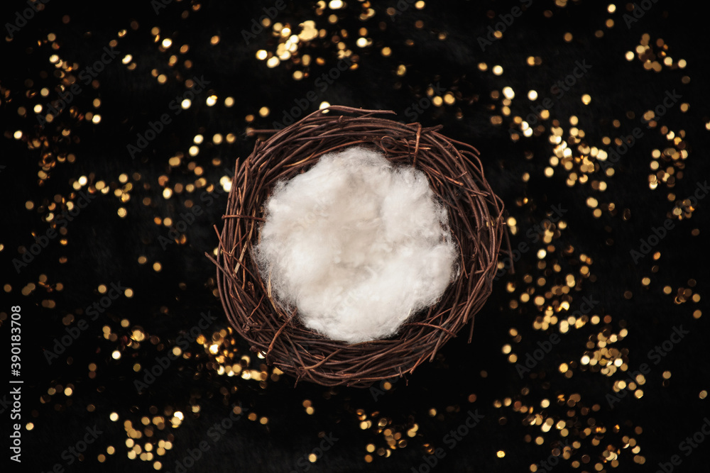 Nest on black fur with golden glitter close up Nest on black fur with golden glitter close up