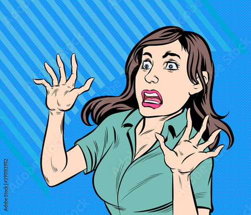 Woman panicked, frightened, shocked. Pop art retro hand drawn style vector design illustrations.