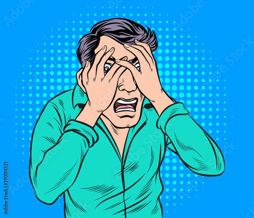 Man panicked, frightened, shocked. Pop art retro hand drawn style vector design illustrations.