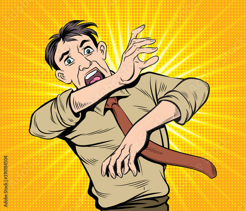 Man panicked, frightened, shocked. Pop art retro hand drawn style vector design illustrations.