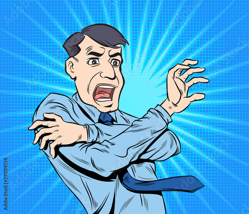 Man panicked, frightened, shocked. Pop art retro hand drawn style vector design illustrations.