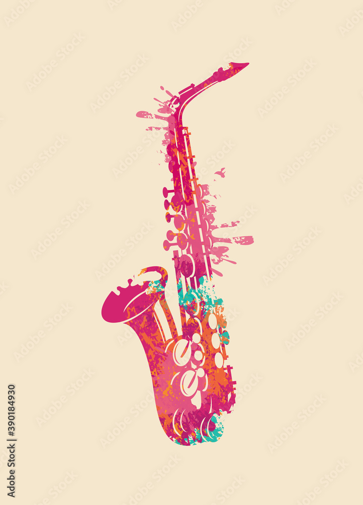 Creative bright musical illustration. Vector design of an abstract saxophone in form of paint spots and splashes on a light background - obrazy, fototapety, plakaty 