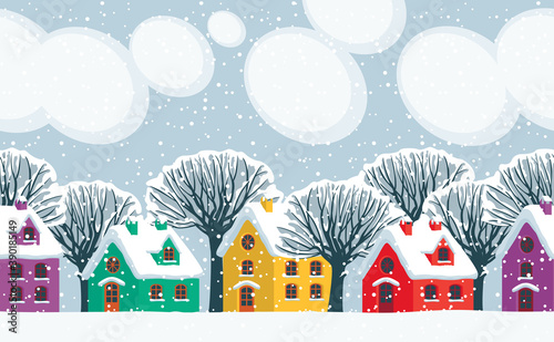 Horizontal seamless pattern. Repeatable winter landscape with cute colored houses, snowy trees and clouds in the sky on a snow-covered country street. Decorative vector illustration in cartoon style