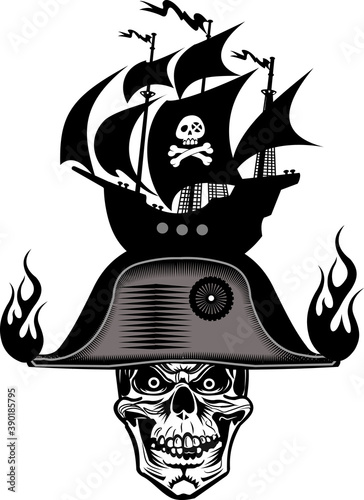 Pirate ship and skull