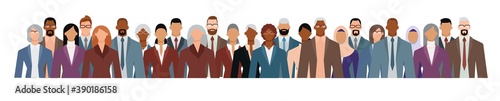 Crowd of businesspeople of diverse age and ethnicity in formal suits. Flat design vector illustration.