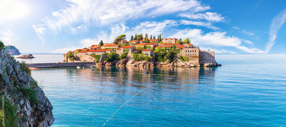 Sveti Stefan islet, wonderful view from the rock, Budva riviera, Montenegro