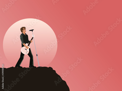 A musician plays guitar and sings on the top of the mountain with a moon and pink sky background.