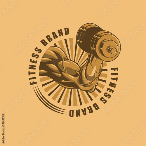 fitness arm holding barbell logo round shape with sunrays behind in vintage color