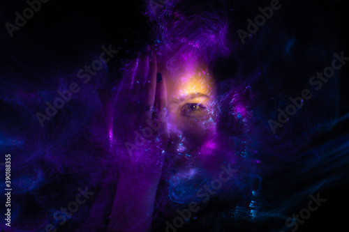 lightpainting portrait, new art direction, , light drawing at long exposure