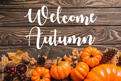 top view of decoration with pumpkins near welcome autumn lettering on brown wooden background