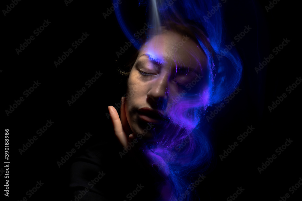 lightpainting portrait, new art direction, , light drawing at long exposure