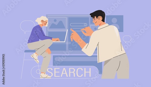 Creative team designing new products or improving existing ones. People research, test and validate design solutions. Ui ux banner with trendy characters for website, banner, mobile application.