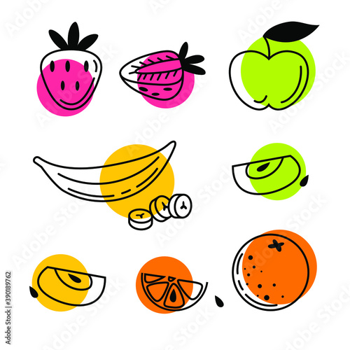 Set of linear vector food icons. Berries and fruits. Contour and stain