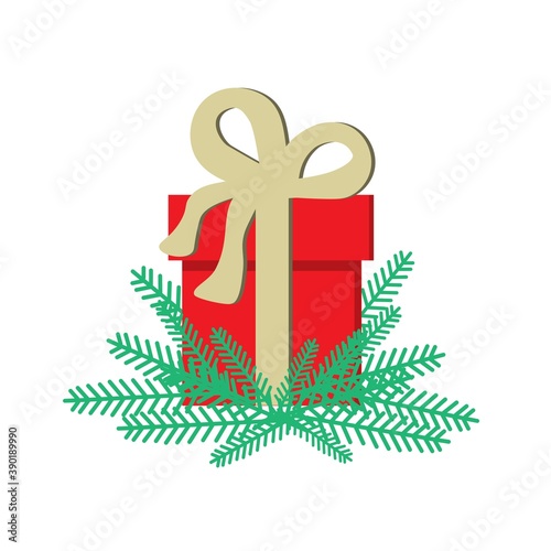 A red gift box stands in the branches of a Christmas tree. Christmas holiday. Vector illustration.