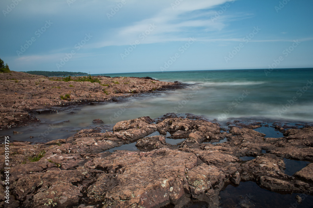 View of Lake Superior from the shoreline in Two Harbors, Minnesota.
