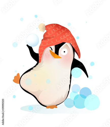 Penguin winter activity, playing snowballs game aiming and throwing snow. Kids and nursery winter fun animal illustration, vector cartoon in watercolor style.