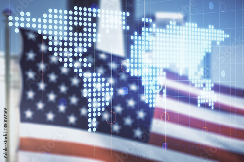 Multi exposure of abstract creative digital world map hologram on USA flag and blurry skyscrapers background, research and analytics concept