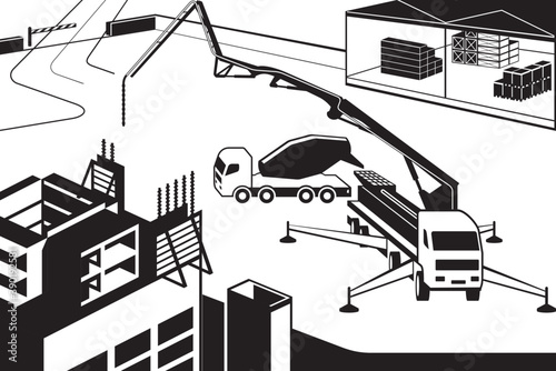 Concrete pump truck pouring wall on new building – vector illustration