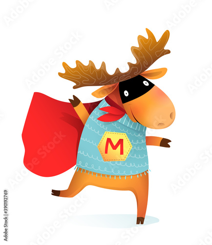 Superhero elk moose or reindeer funny animal design for kids. Brave and silly animal character party performance wearing mask and cape, vector cartoon for kids.