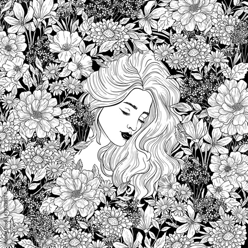 Portrait of beautiful woman with flowers. Black and white ink illustration.