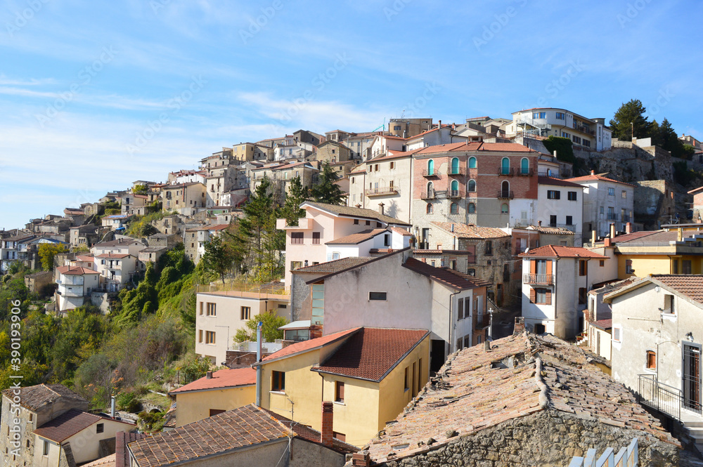 Panoramic view of San Giorgio La Molara, a rural village in the mountains of the Campania region, Italy.