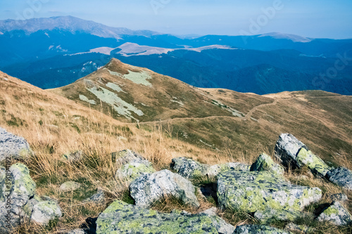 Alpine landscape at 1600 m altitude in the wilderness of the Southern Carpathian Mountains. Shot in the Vulcan Mountain Pass, Romania, Europe.