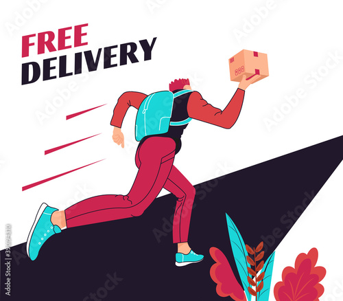 Free delivery of goods. A man runs quickly with a box in his hands. For flyer, web, leaflet or banner. Vector illustration