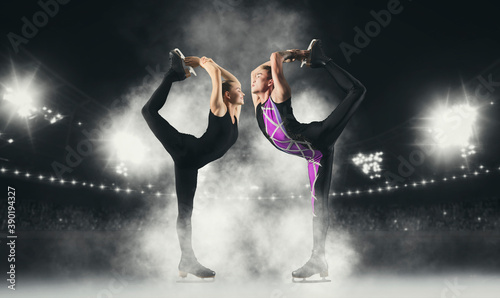 Biellmann spin. Couple figure skating in action. Sports banner