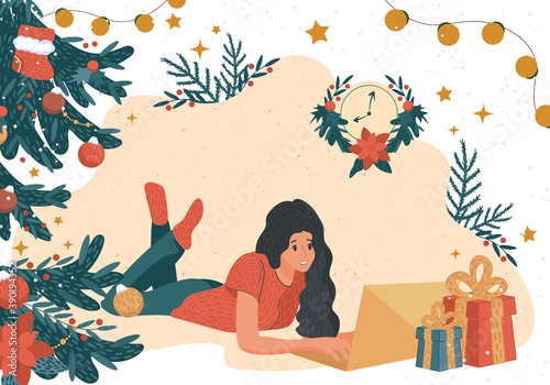 Happy girl behind a laptop makes purchases online. Christmas and New Year background. Winter vector illustration.