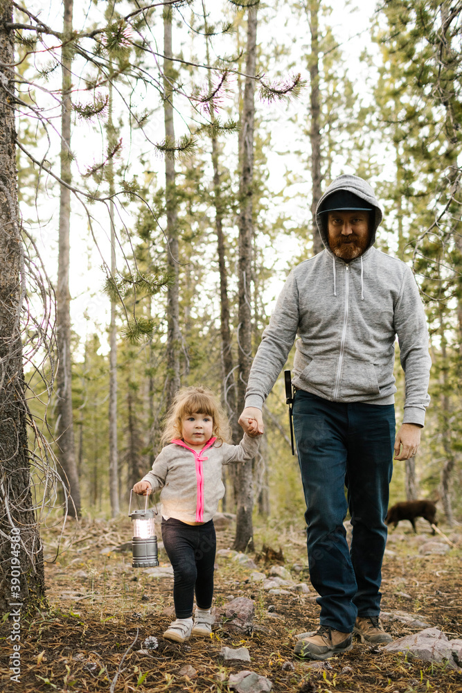 Father with daughter (2-3) walking in forest, Wasatch-Cache National Forest Father with daughter (2-3) walking in forest, Wasatch-Cache National Forest