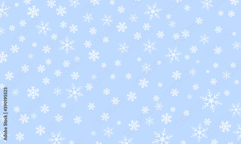 Snow background. Winter snowfall. White snowflakes on blue sky. Christmas background. Falling snow.