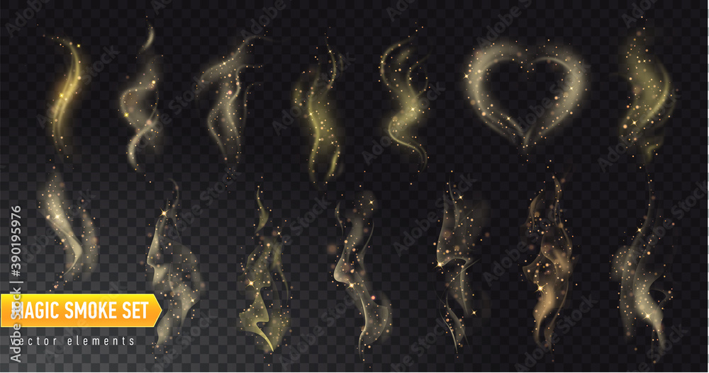 Set of golden magic smokes with stars on dark transparent background. Magical smoke for food advertising and package. Lights and stars. Vector - obrazy, fototapety, plakaty 