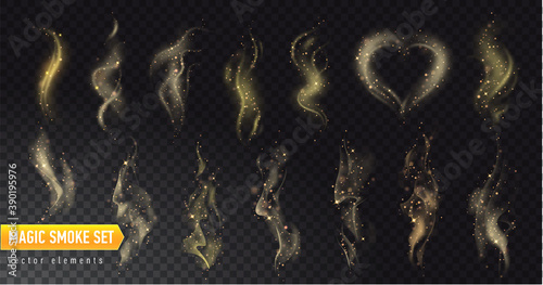 Set of golden magic smokes with stars on dark transparent background. Magical smoke for food advertising and package. Lights and stars. Vector