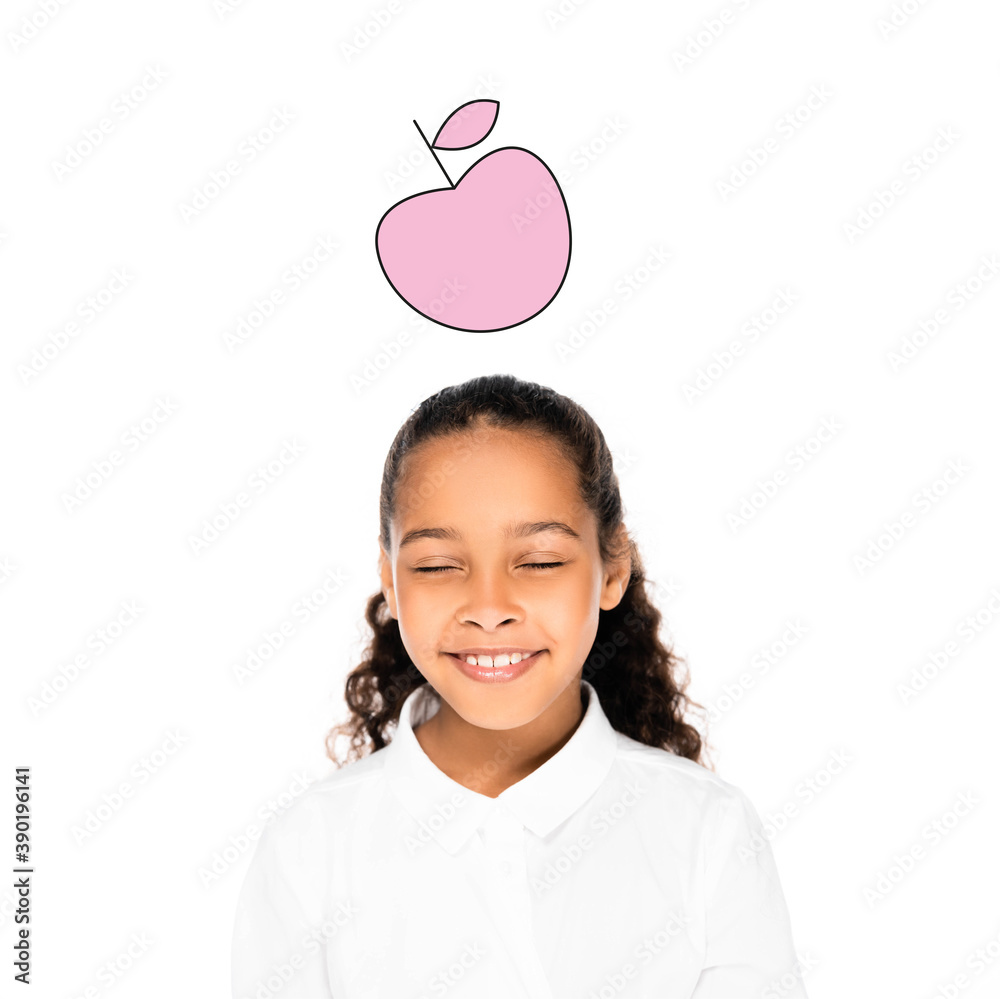 african american schoolgirl smiling with closed eyes isolated on white, pink apple illustration african american schoolgirl smiling with closed eyes isolated on white, pink apple illustration