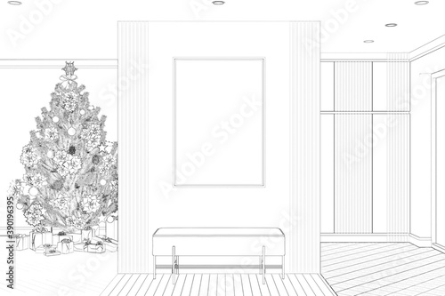 Sketch of the entrance hallway with a vertical poster over a bench. Christmas tree with gifts, wardrobe with an entrance door are in the background. 3d render