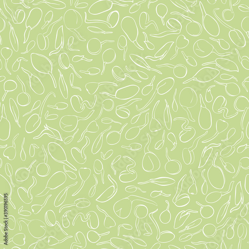 Seed growing seamless pattern - vector illustration. Background. Microgreens in sketch and freehand style. Soybean sprouts, mash Healthy and wholesome vegan food for restaurants, cafes and kitchens.