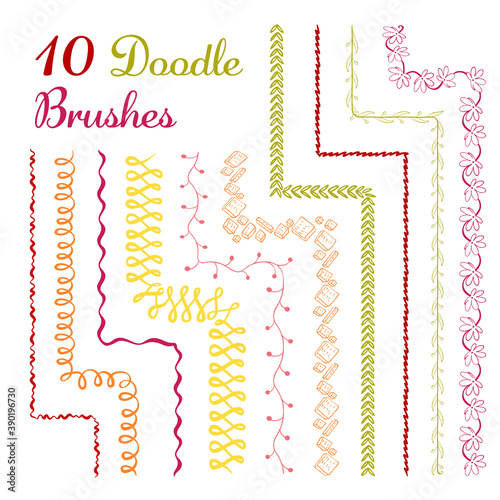 Vector set of five hand drawn brushes with corner tiles. Seamless pattern of different colors for frames, borders and design elements. Vector isolated illustration. Brushes are included in eps.