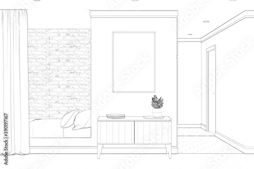 Sketch of the room with a vertical poster above a curbstone with decor, next to it is a niche with a bed and a curtain. There is a corridor with a door in the background. 3 render
