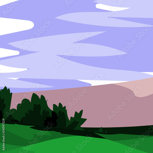 Stylized Landscape With Mountains, Trees, Sky & Clouds