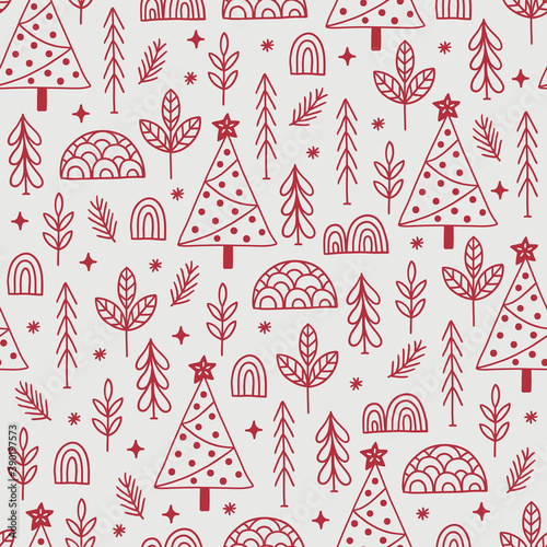 Christmas seamless pattern with fir trees, stars, leaves, forest