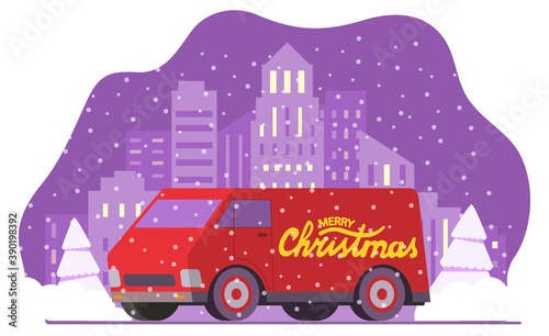 Christmas delivery van. New Year's cargo car. Winter city skyline urban landscape falling snow. Red auto with lettering Merry Christmas.Vector realistic illustration.Transport logistics concept