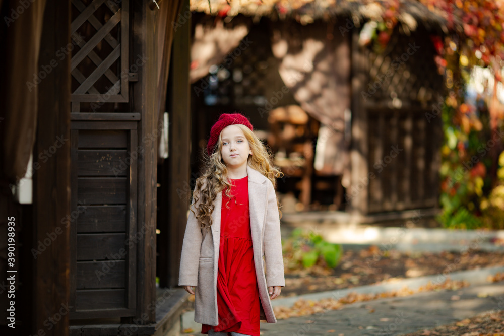 Cute girl in red beret on a walk in the fall Cute girl in red beret on a walk in the fall