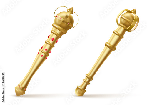 Golden scepters for king or queen, royal wand with red gems for Monarch. Gold sceptres monarchy emperor symbol, imperial coronation rod isolated on white background. Realistic 3d vector illustration