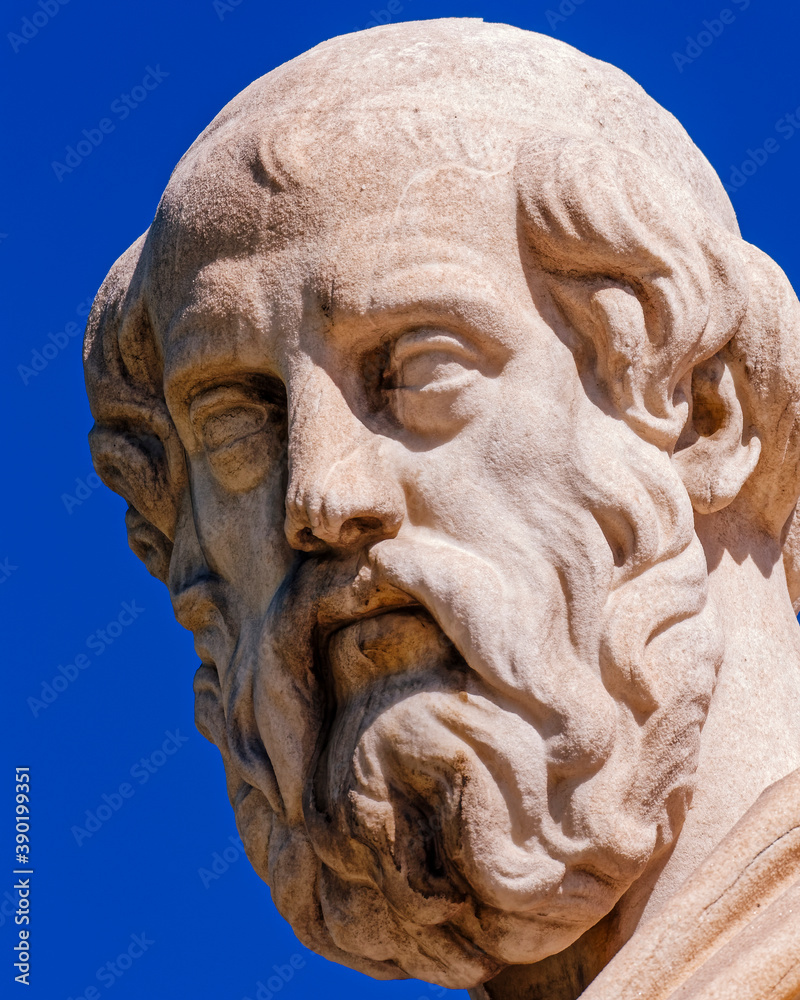 Obraz premium Plato portrait, the famous ancient thinker and philosopher, detail of marble statue in Athens Greece