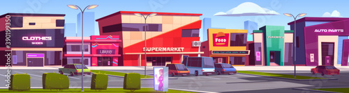 Store buildings, shopping area with parking, clothes shop, supermarket, library, fast food court, auto parts and pharmacy facades. Modern city architecture front exteriors, Cartoon vector illustration