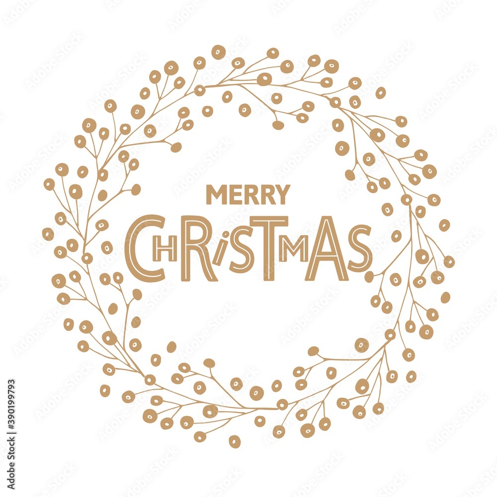 Merry Christmas wreath with lettering. Design for banner, flyer, brochure, card, poster. Hand drawn modern calligraphy. Vector Winter time illustration. Holiday greetings quote isolated. Round frame