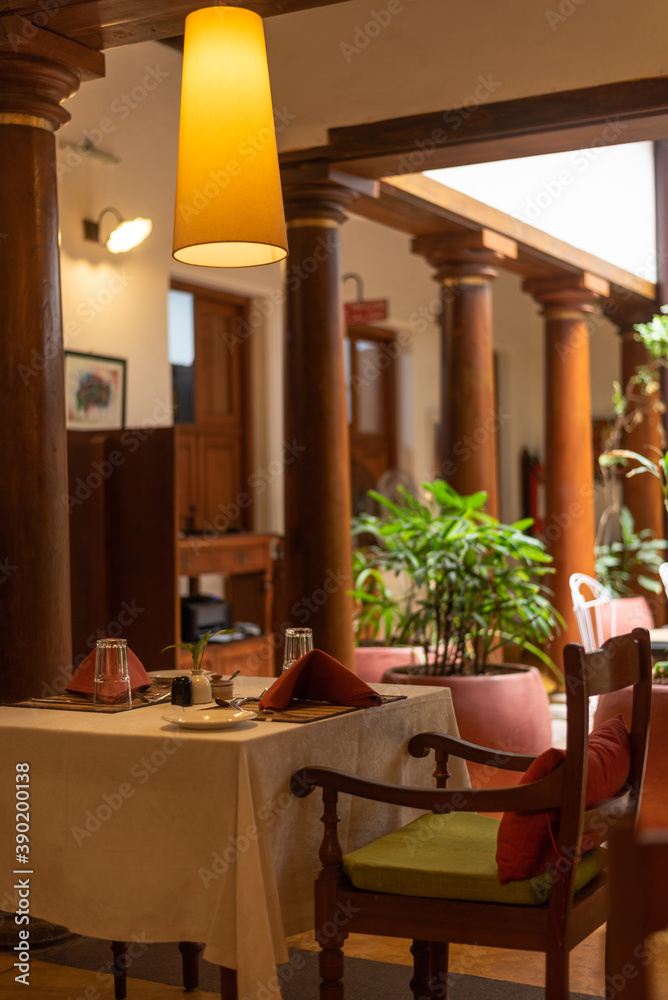 Interiors of a tamil themed restaurant in South India Stock Photo