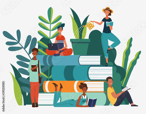 Young people reading books in the  park. Summer landscape background. Holidays time.  Back to school, Study, Learning, Knowledge and Education vector concept